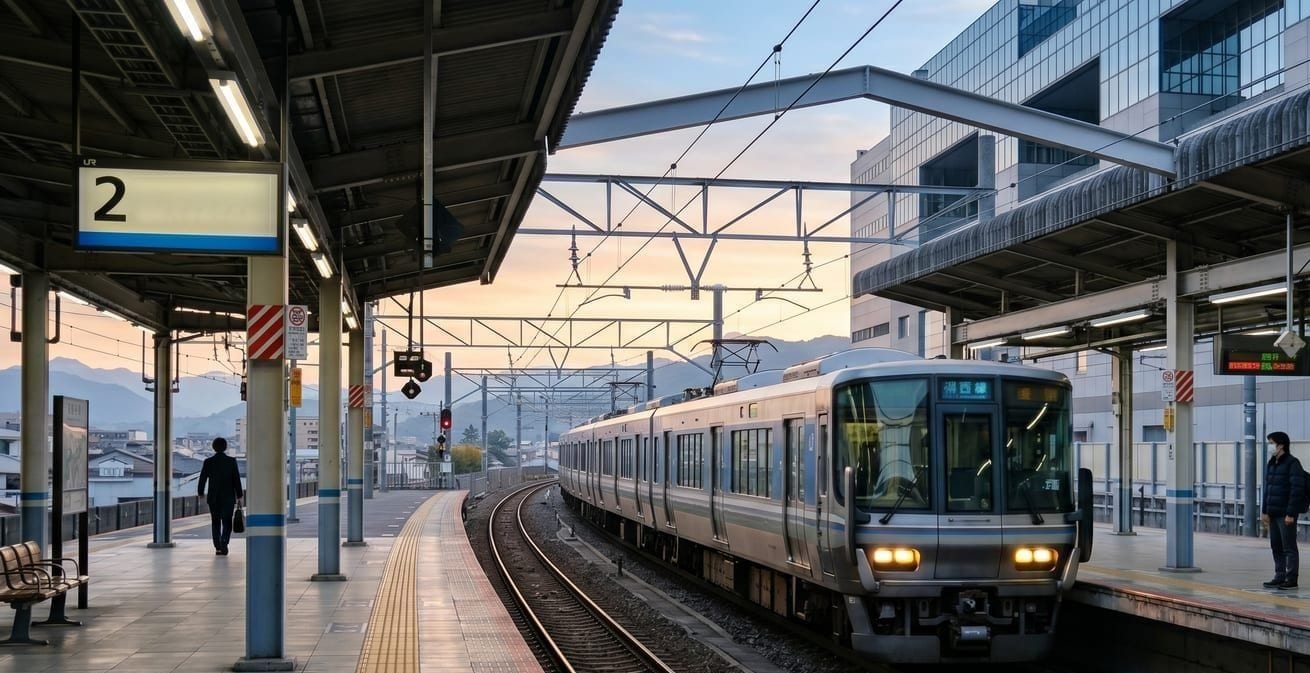 JR Kosei Line train arriving at the platform at dawn