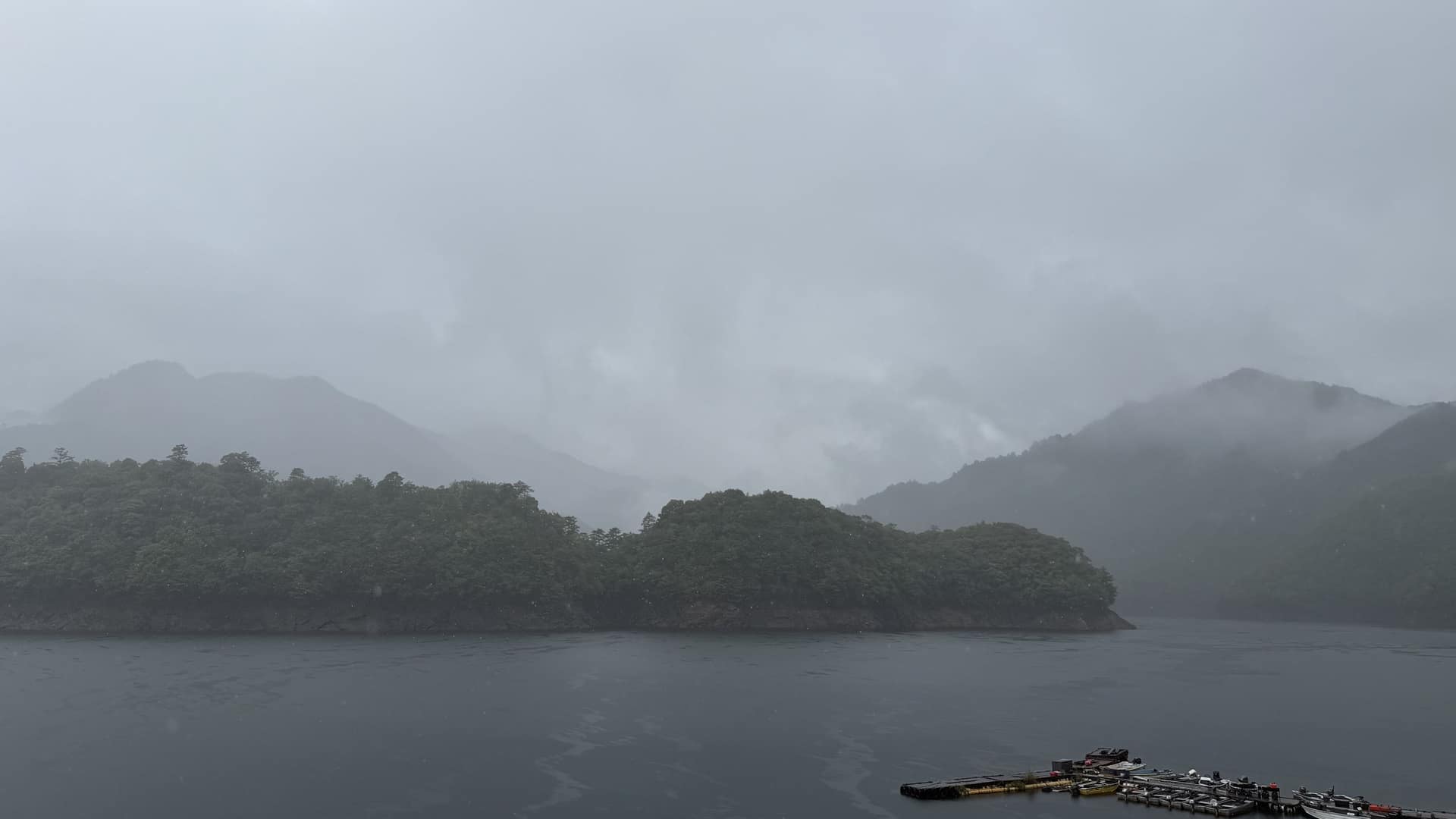Lake Ikehara reservoir in morning mist, Shimokitayama Village, Nara, Japan