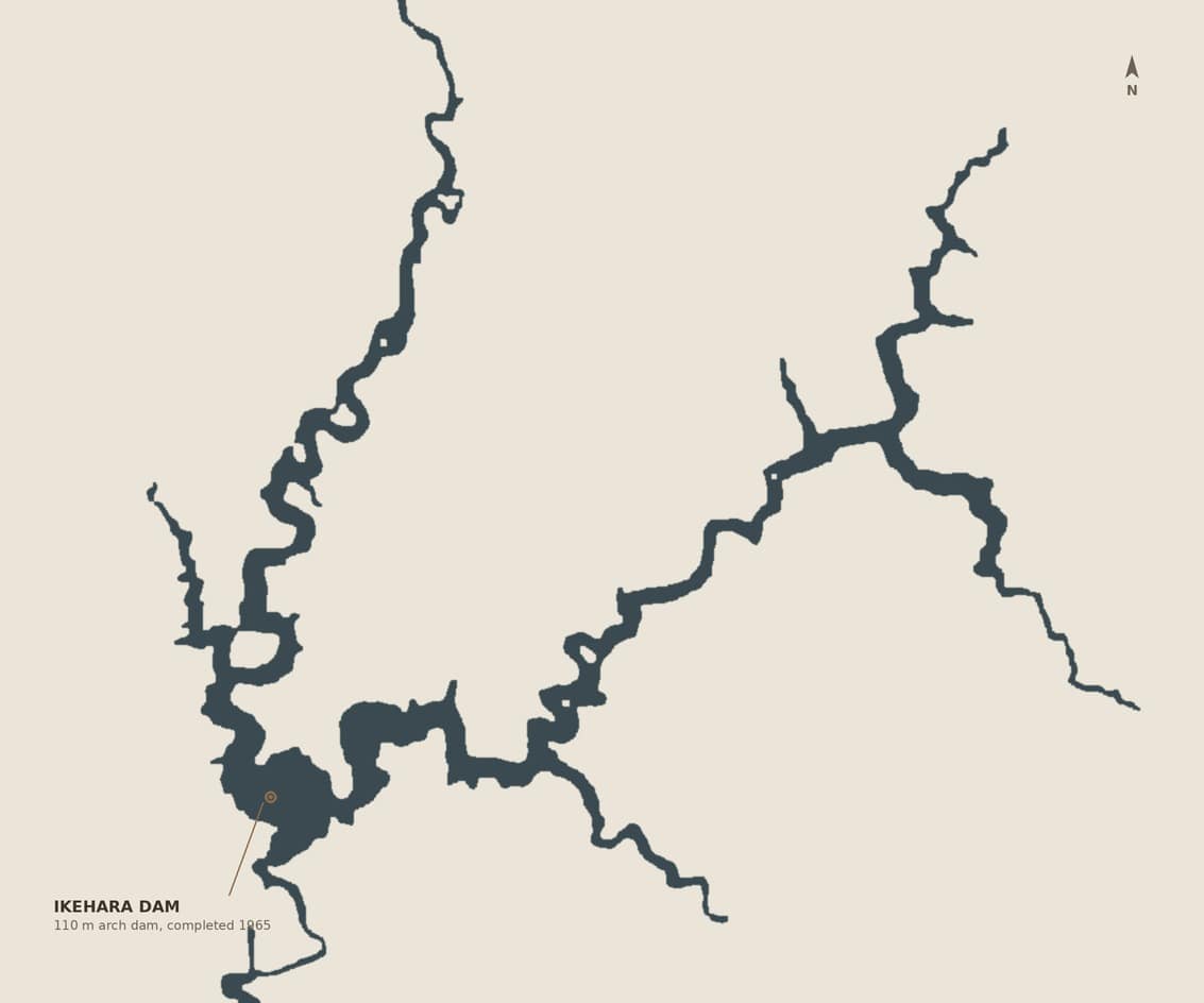 Map of Lake Ikehara showing the reservoir's branching arms and the dam, Shimokitayama Village, Nara, Japan