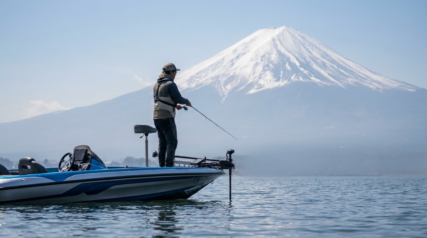 Angler bass fishing from a boat on Lake Kawaguchi with Mt. Fuji in the background