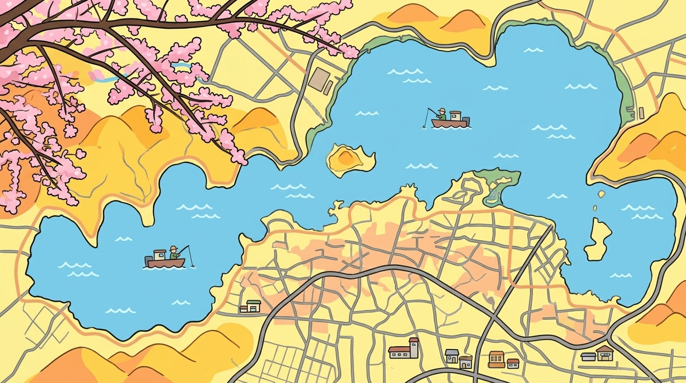 Illustrated map of Lake Kawaguchi with anglers fishing from boats and cherry blossoms