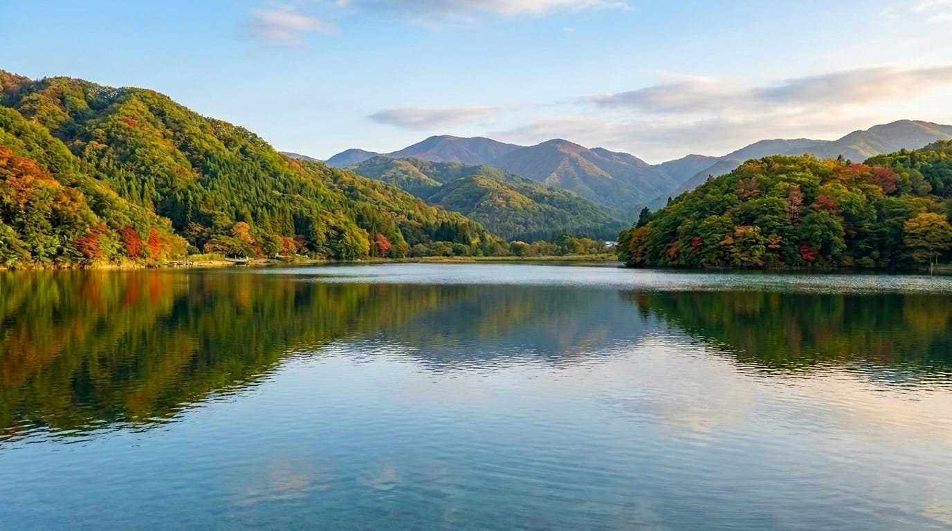 Lake Nojiri's calm waters reflecting autumn-tinged mountain forests, Nagano