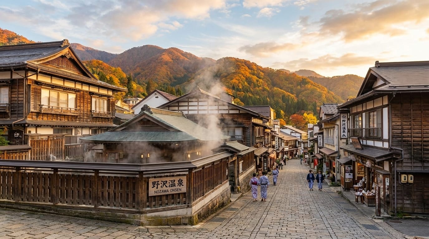 Nozawa Onsen traditional hot spring village with wooden buildings and autumn mountains, Nagano