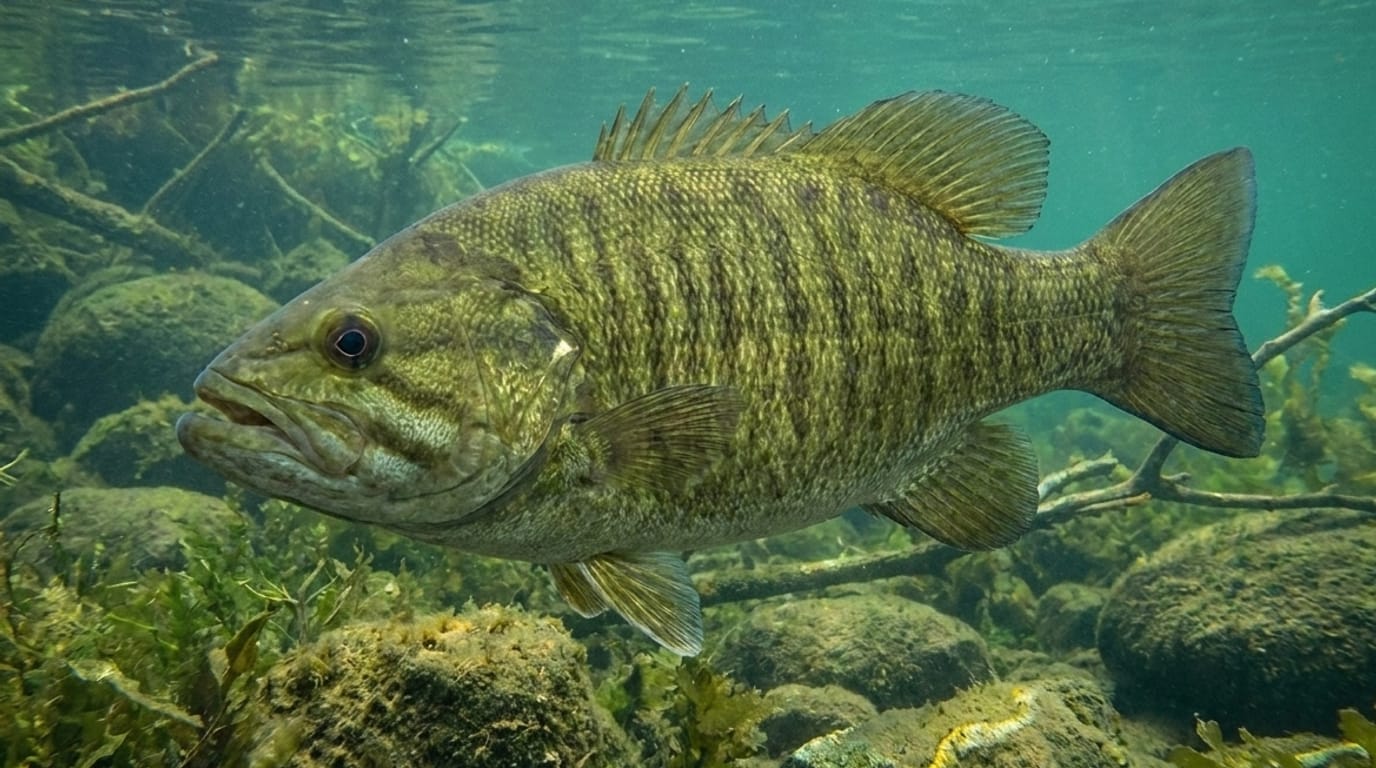 Smallmouth bass swimming underwater among rocks and aquatic vegetation at Lake Nojiri