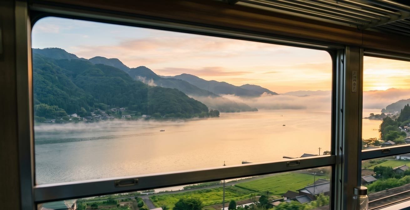 View of Lake Biwa at sunrise from a train window