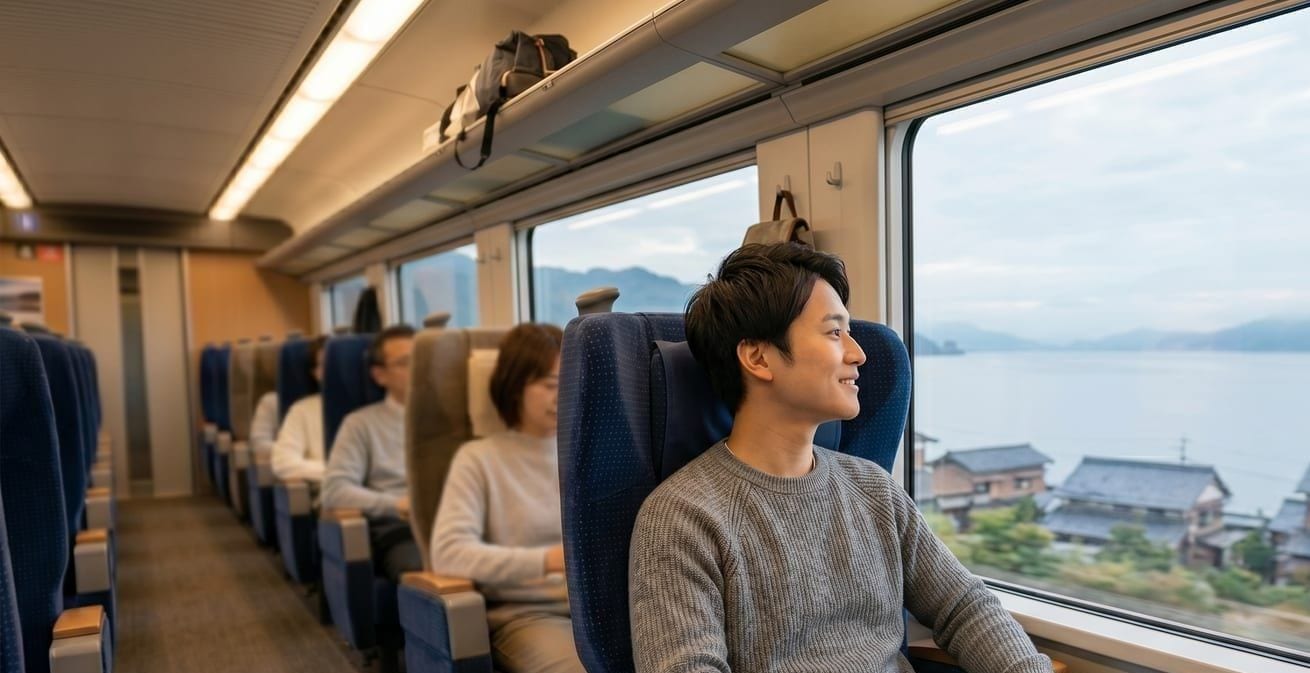 Relaxed passenger watching Lake Biwa pass by from the JR train window